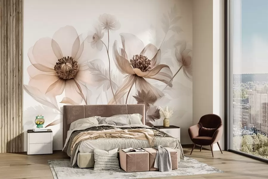 fototapeter Store, gennemskinnelige blomster i sepiafarver med sarte kronblade, fjeragtige blade og mindre blomster w09900