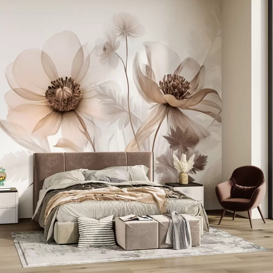 fototapeter Store, gennemskinnelige blomster i sepiafarver med sarte kronblade, fjeragtige blade og mindre blomster w09900