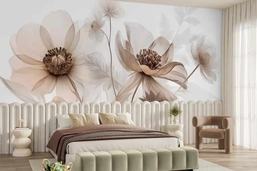 fototapeter Store, gennemskinnelige blomster i sepiafarver med sarte kronblade, fjeragtige blade og mindre blomster w09900