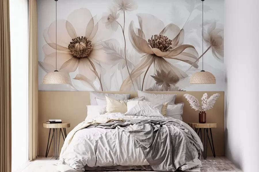 fototapeter Store, gennemskinnelige blomster i sepiafarver med sarte kronblade, fjeragtige blade og mindre blomster w09900