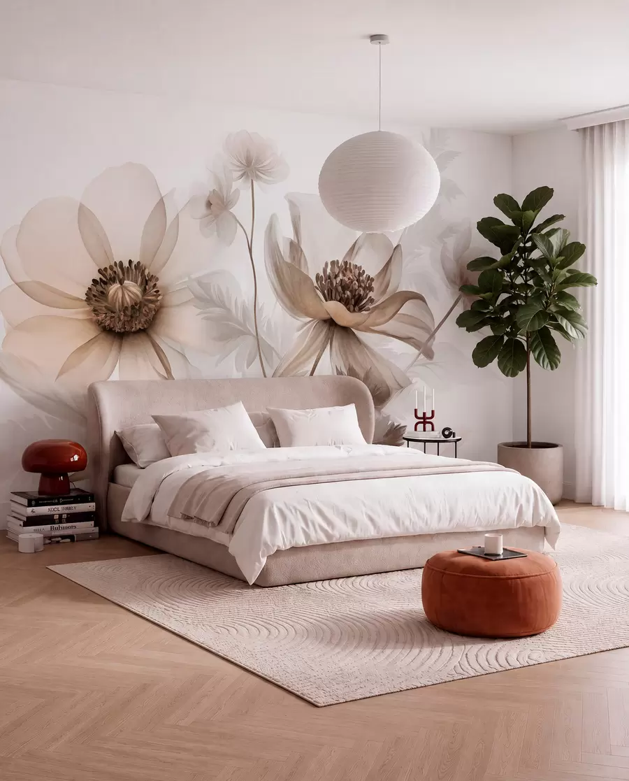 fototapeter Store, gennemskinnelige blomster i sepiafarver med sarte kronblade, fjeragtige blade og mindre blomster w09900