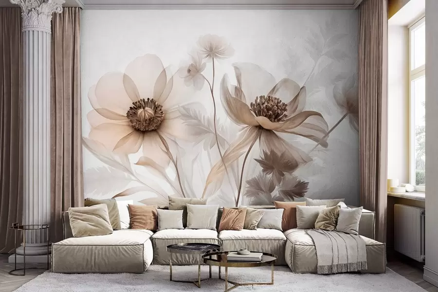 fototapeter Store, gennemskinnelige blomster i sepiafarver med sarte kronblade, fjeragtige blade og mindre blomster w09900