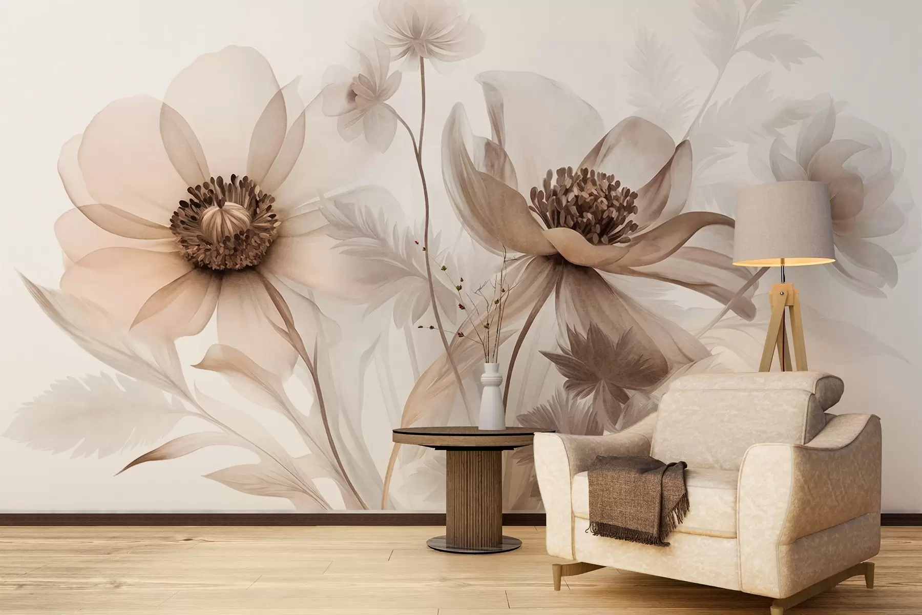 fototapeter Store, gennemskinnelige blomster i sepiafarver med sarte kronblade, fjeragtige blade og mindre blomster w09900
