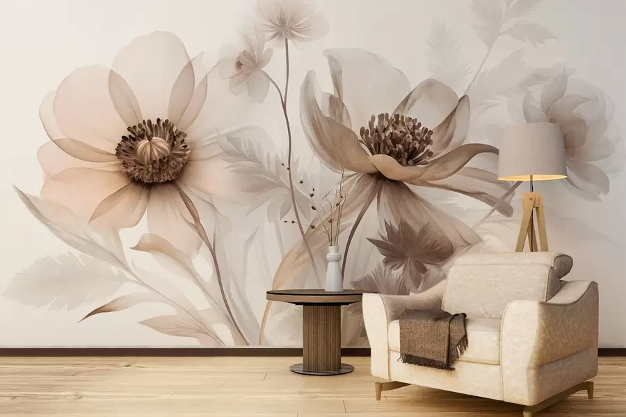 Murale De grandes fleurs translucides aux teintes sépia, aux pétales délicats, des feuilles plumeuses et des fleurs plus petites w09900