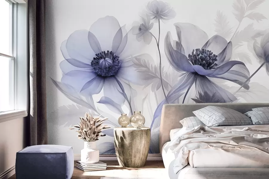 fototapeter Store, gennemskinnelige, blålige blomster med sarte kronblade, fjeragtige blade og mindre blomster w09900v1