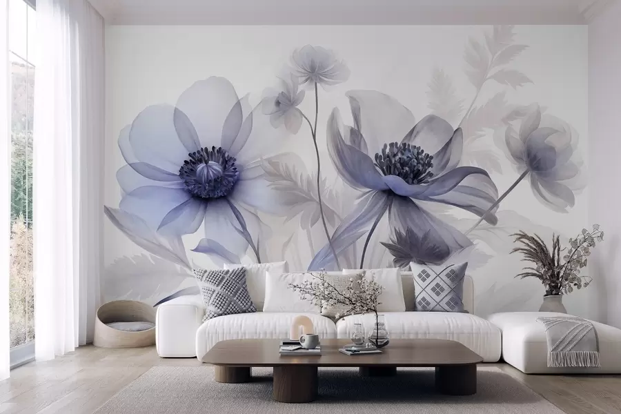 fototapeter Store, gennemskinnelige, blålige blomster med sarte kronblade, fjeragtige blade og mindre blomster w09900v1