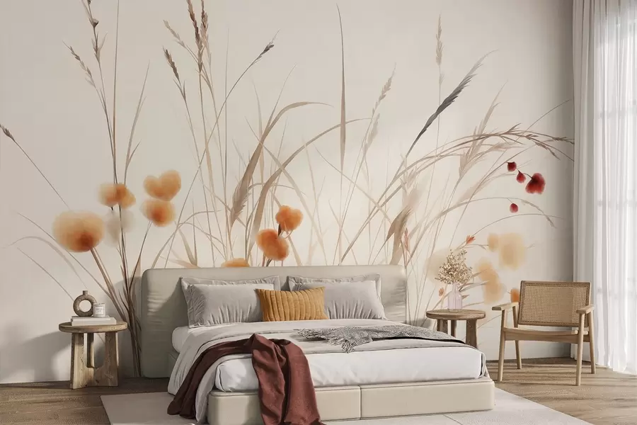 fototapeter Højt græs og små orange vilde blomster på en lys baggrund, i en boho-stil med struktur w09902