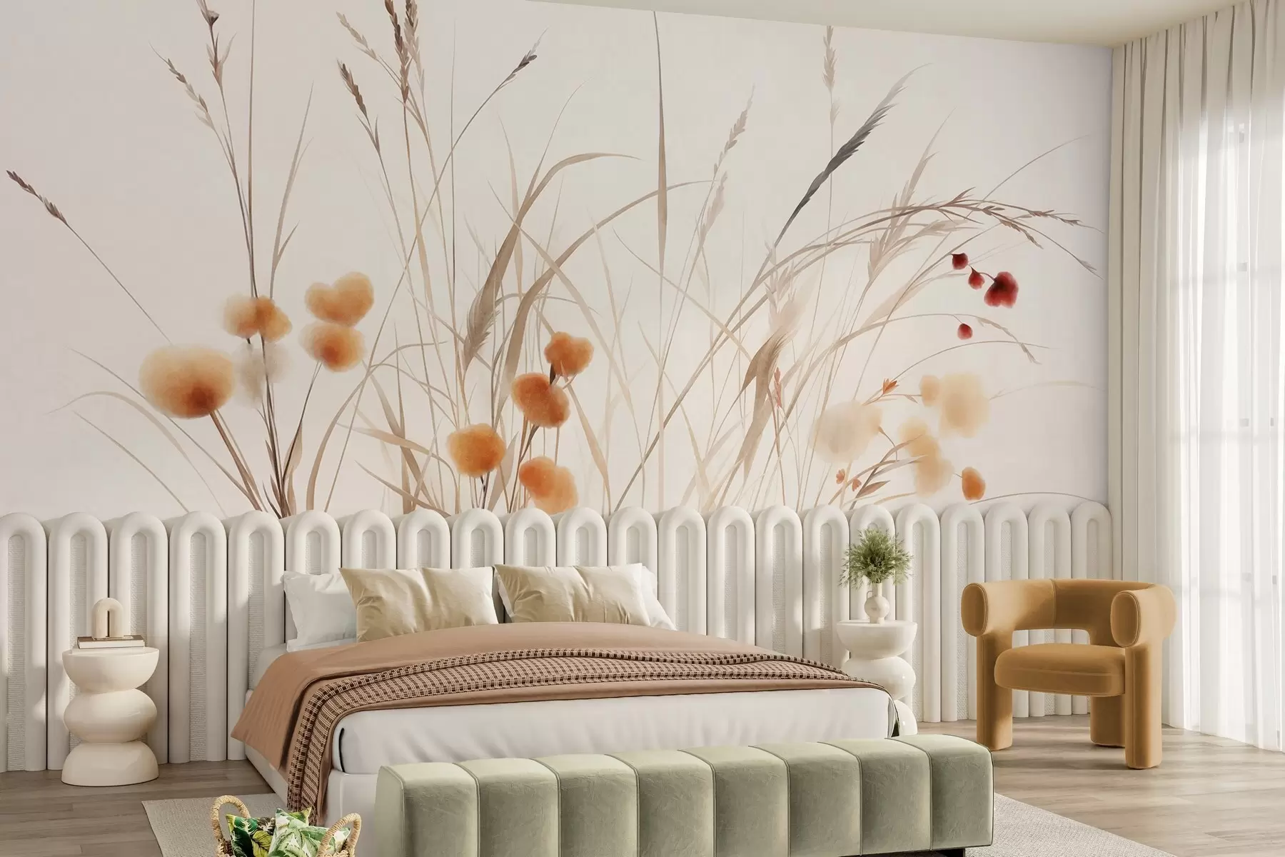Fototapete Hohe Gräser und kleine orangefarbene Wildblumen vor einem blassen Hintergrund, strukturierter Boho-Stil w09902