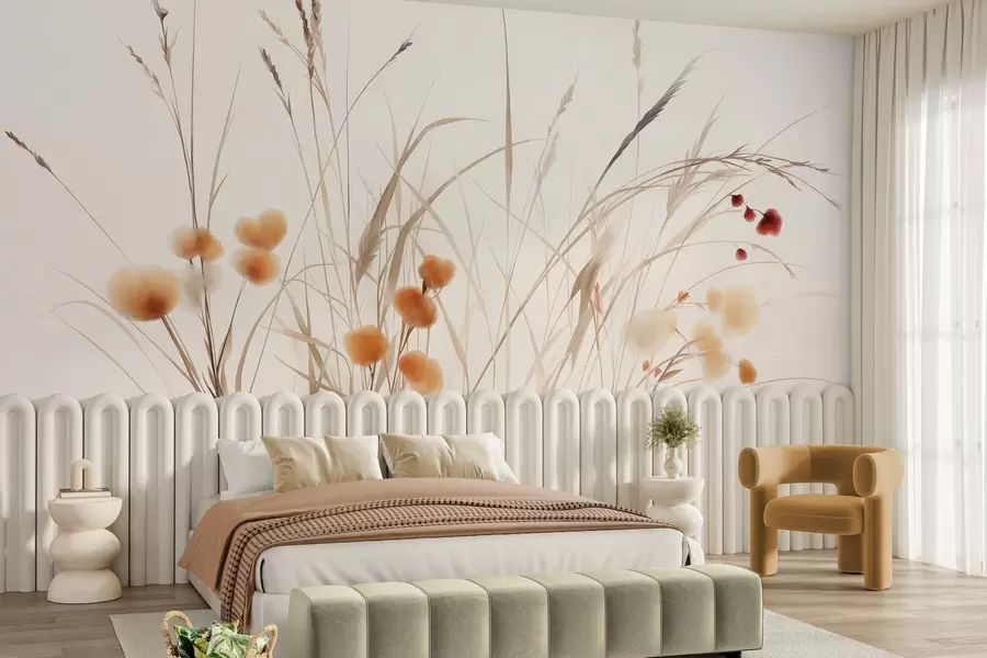 fototapeter Højt græs og små orange vilde blomster på en lys baggrund, i en boho-stil med struktur w09902