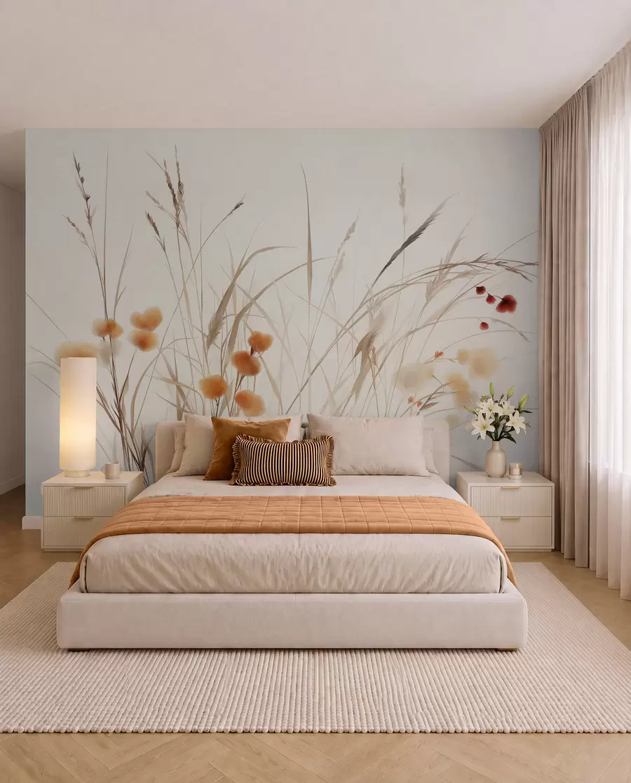 fototapeter Højt græs og små orange vilde blomster på en lys baggrund, i en boho-stil med struktur w09902