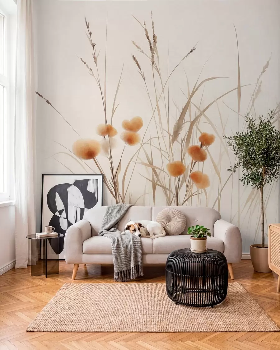 fototapeter Højt græs og små orange vilde blomster på en lys baggrund, i en boho-stil med struktur w09902
