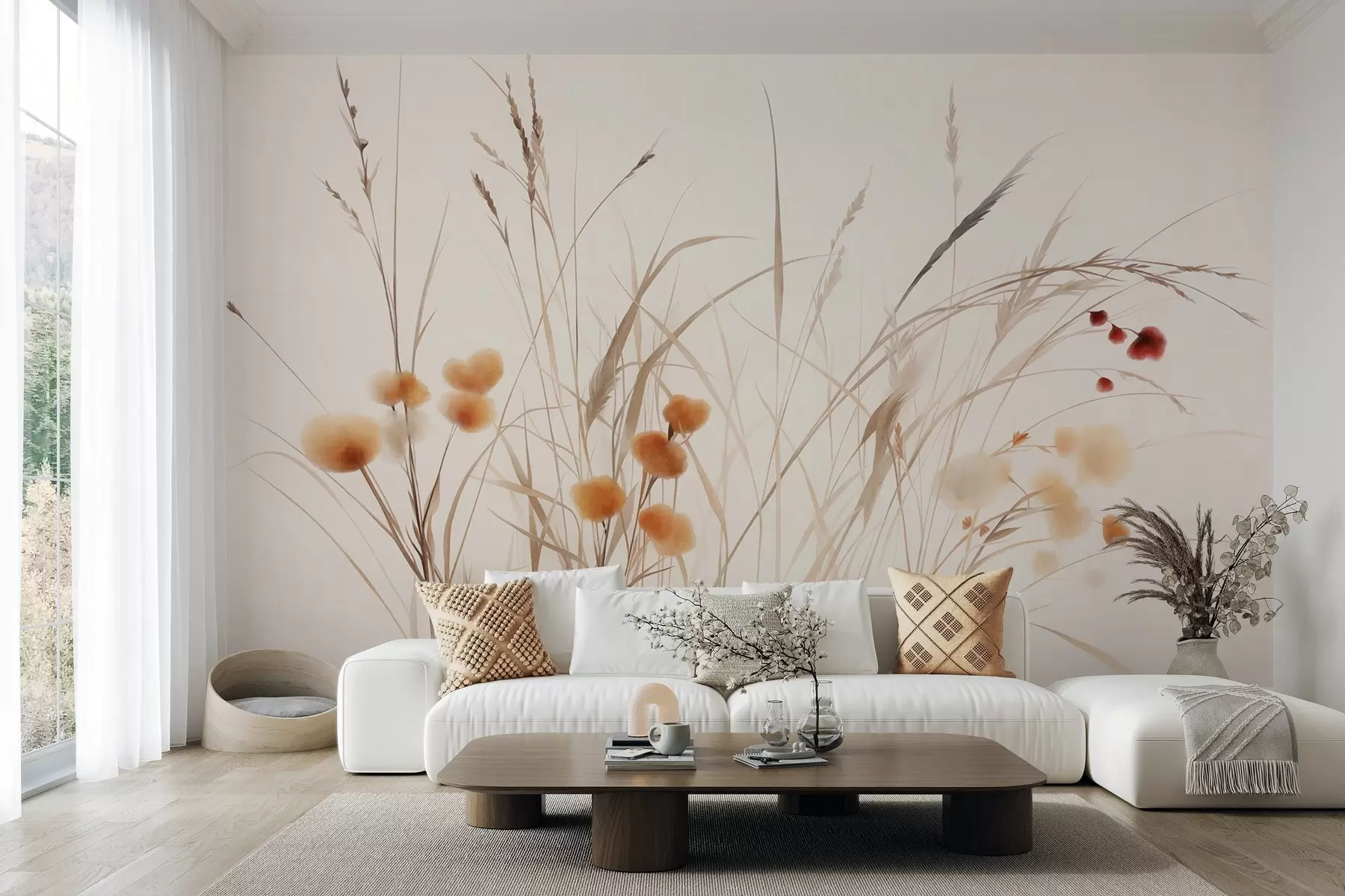fototapeter Højt græs og små orange vilde blomster på en lys baggrund, i en boho-stil med struktur w09902
