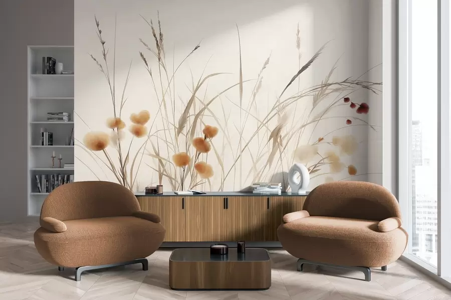 fototapeter Højt græs og små orange vilde blomster på en lys baggrund, i en boho-stil med struktur w09902