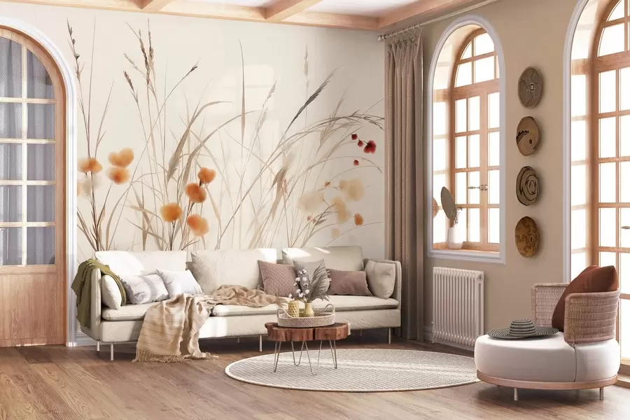 fototapeter Højt græs og små orange vilde blomster på en lys baggrund, i en boho-stil med struktur w09902