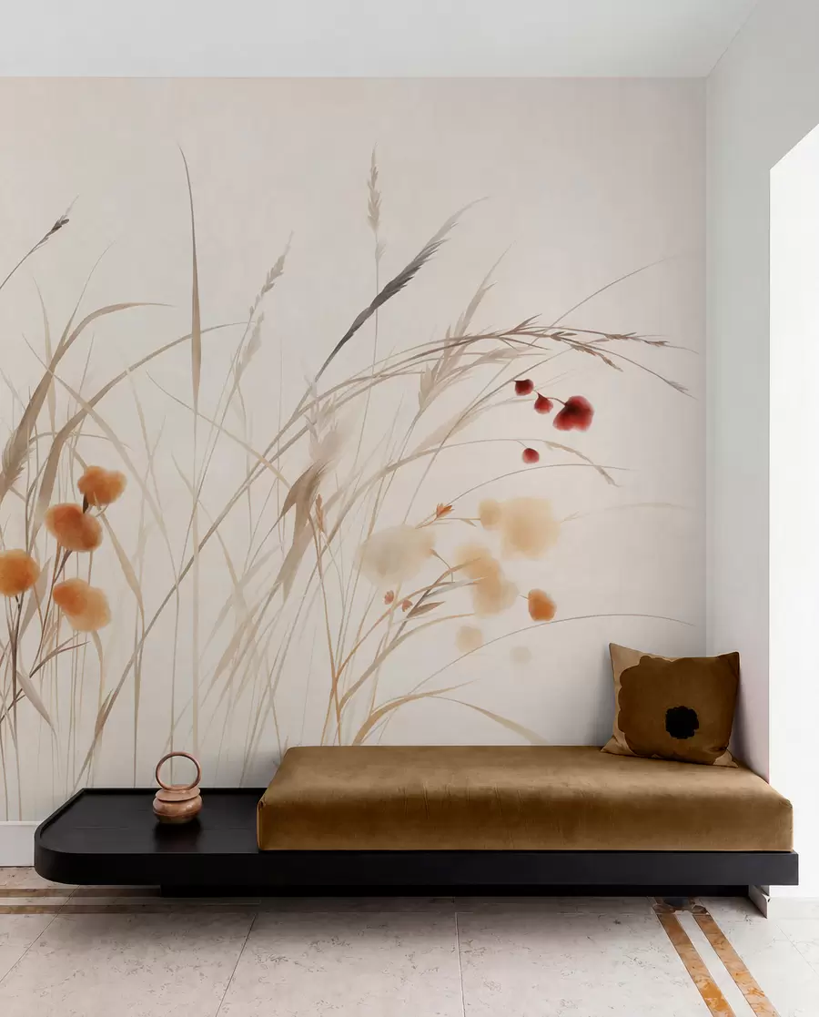 fototapeter Højt græs og små orange vilde blomster på en lys baggrund, i en boho-stil med struktur w09902