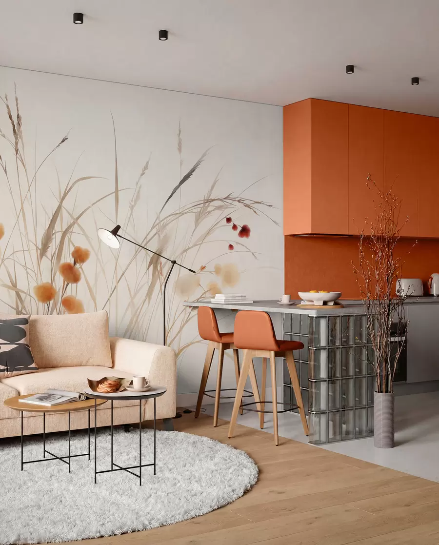 fototapeter Højt græs og små orange vilde blomster på en lys baggrund, i en boho-stil med struktur w09902