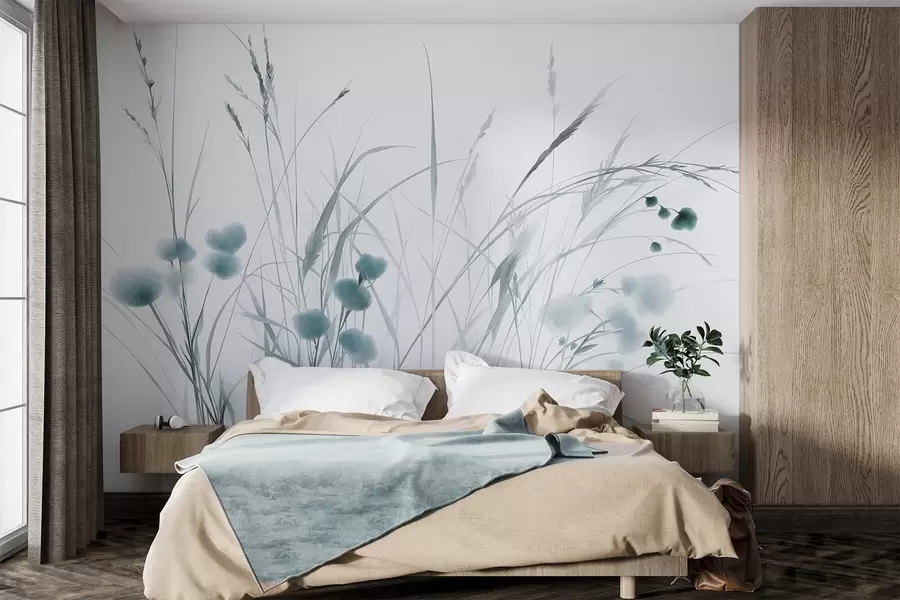 fototapeter Højt græs og små blå vilde blomster på en lys baggrund, i en boho-stil med struktur w09902v1