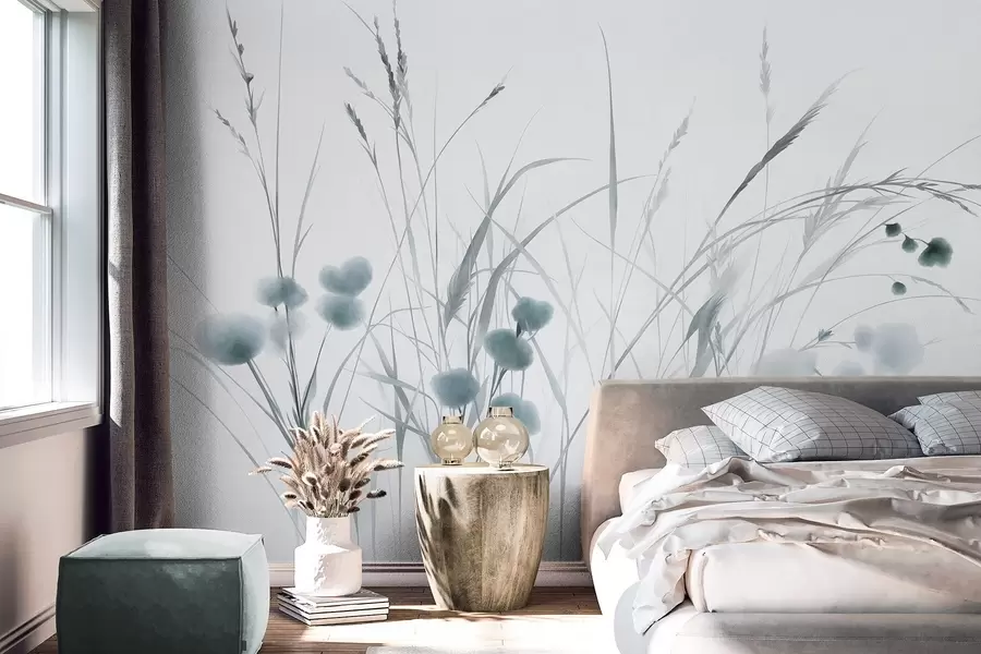 fototapeter Højt græs og små blå vilde blomster på en lys baggrund, i en boho-stil med struktur w09902v1