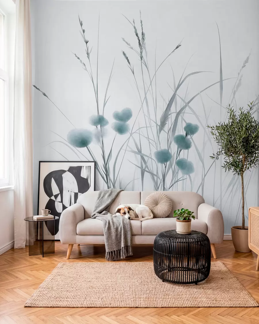 fototapeter Højt græs og små blå vilde blomster på en lys baggrund, i en boho-stil med struktur w09902v1