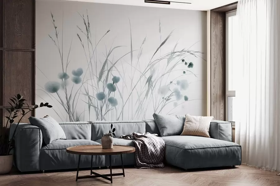 fototapeter Højt græs og små blå vilde blomster på en lys baggrund, i en boho-stil med struktur w09902v1