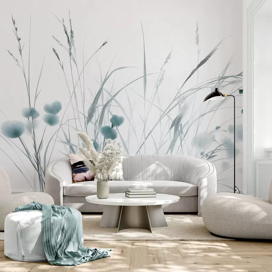 fototapeter Højt græs og små blå vilde blomster på en lys baggrund, i en boho-stil med struktur w09902v1
