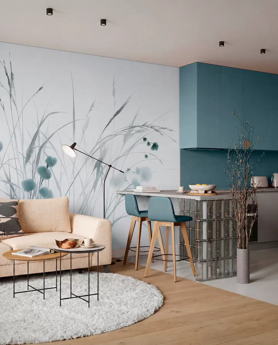 fototapeter Højt græs og små blå vilde blomster på en lys baggrund, i en boho-stil med struktur w09902v1