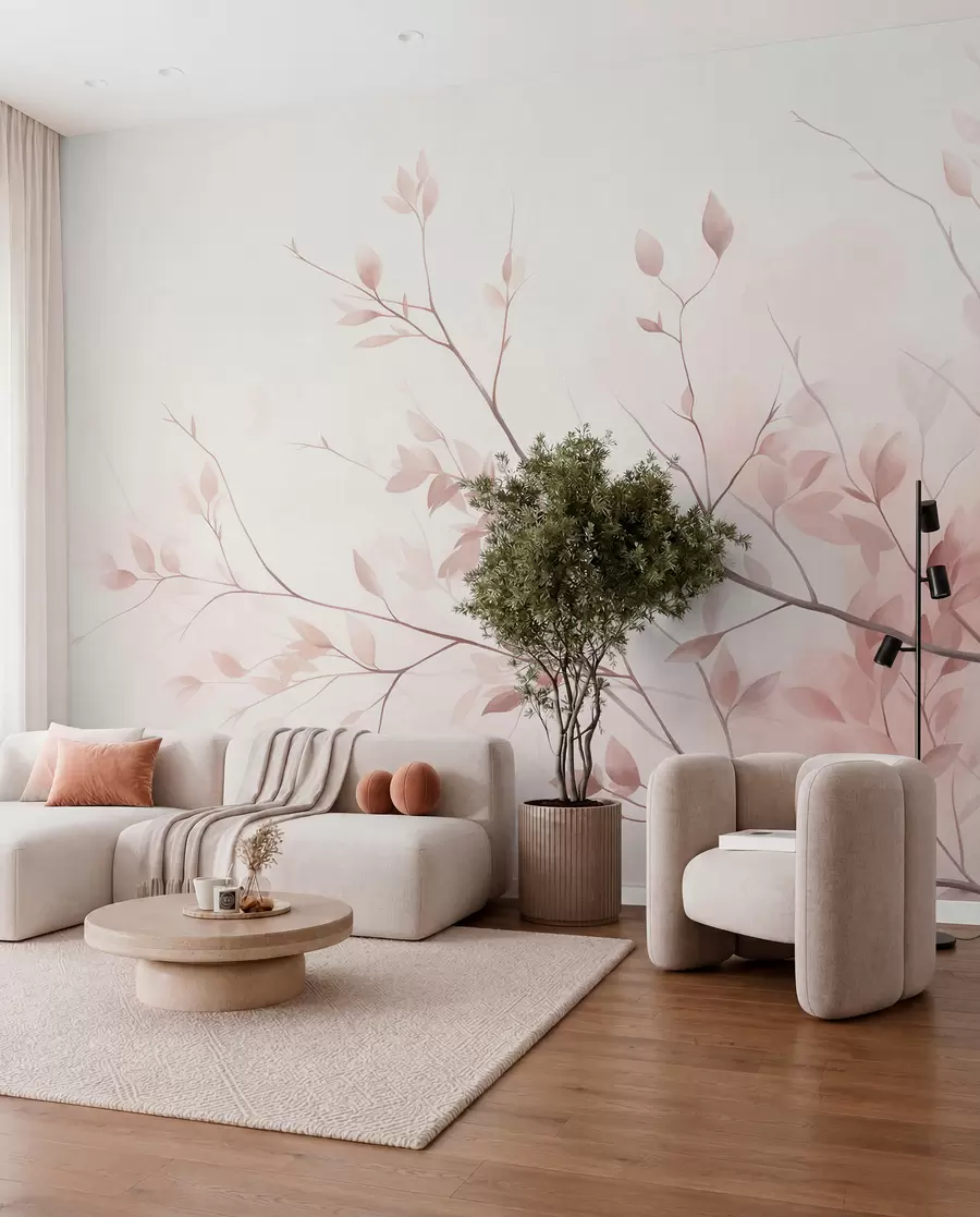 Murale Des branches délicates aux feuilles rose pâle sur un fond clair, dans un style aquarelle w09910