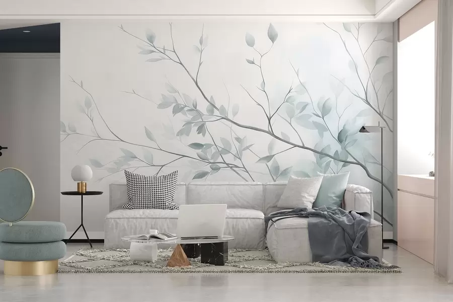 Murale Des branches délicates aux feuilles rose pâle sur un fond clair, dans un style aquarelle w09910v1
