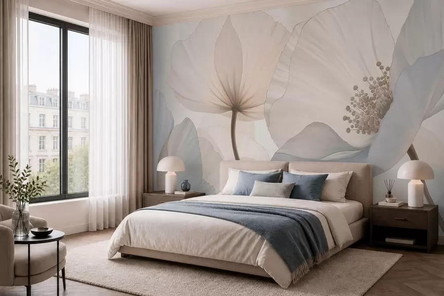 Murale De grandes fleurs aux teintes pastel délicates w05692