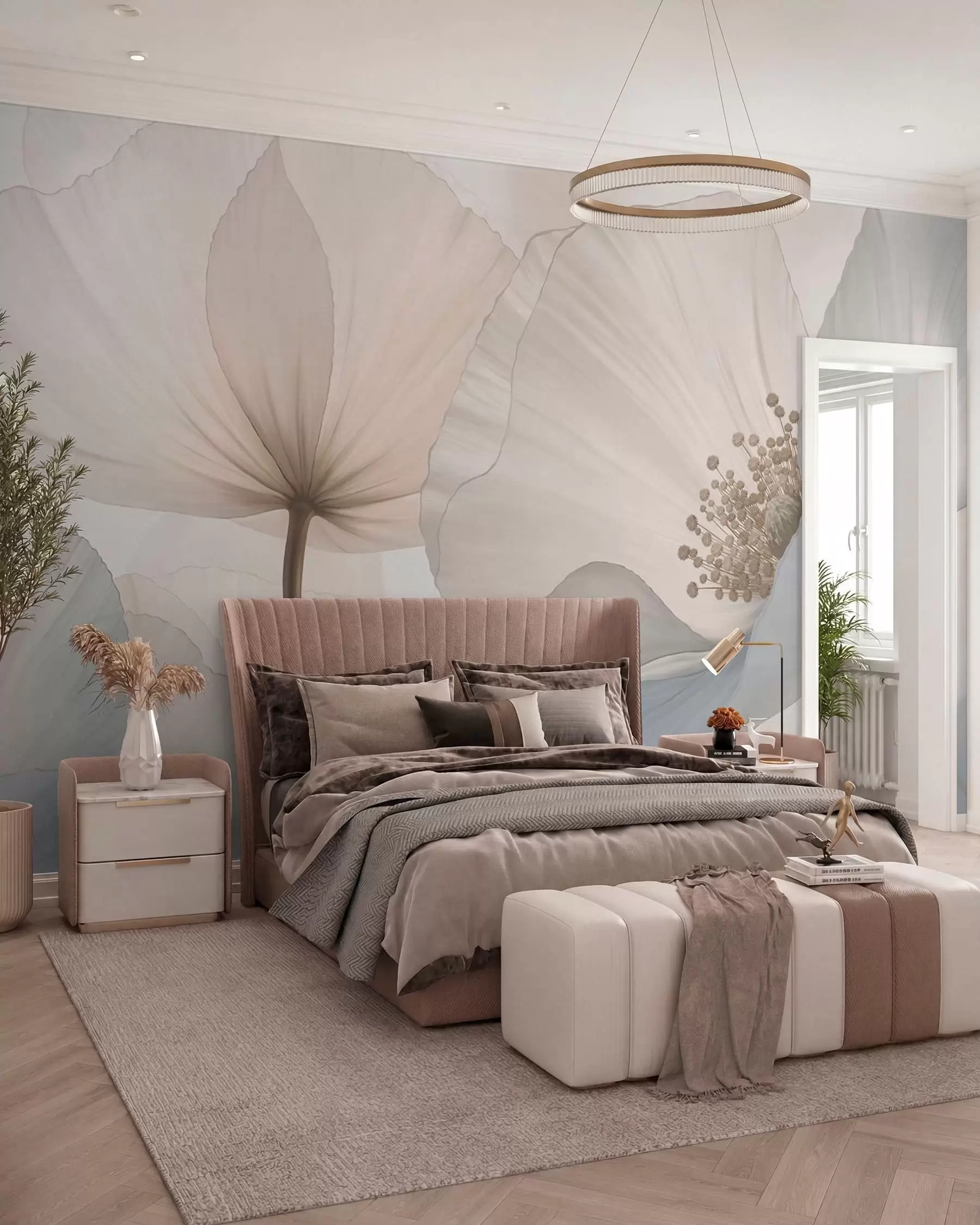 Murale De grandes fleurs aux teintes pastel délicates w05692