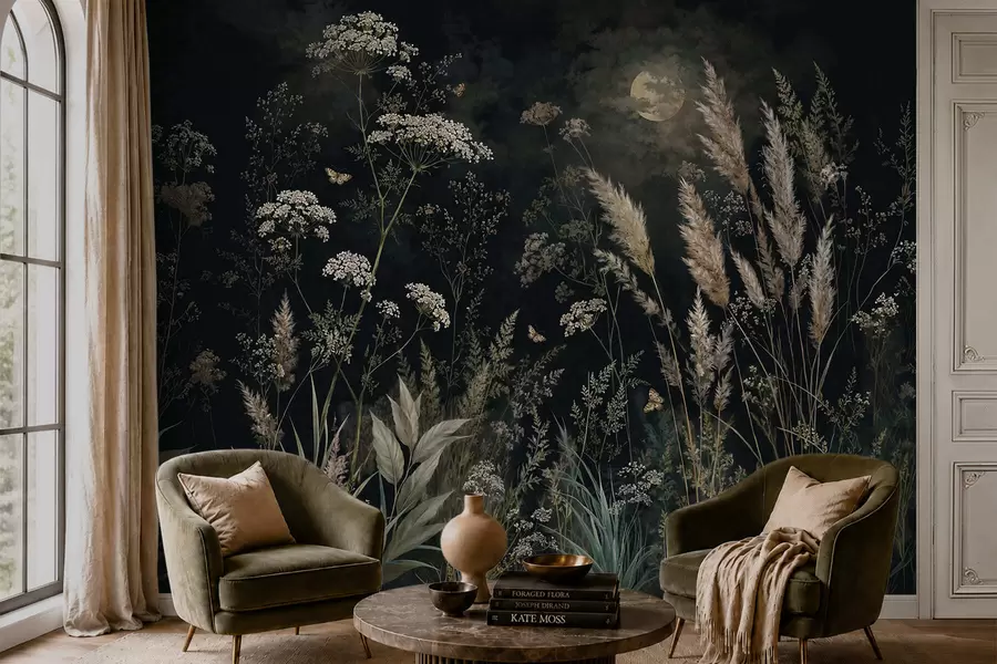 Murale Prairie au clair de lune, parsemée d'herbes sauvages et de fleurs w05701
