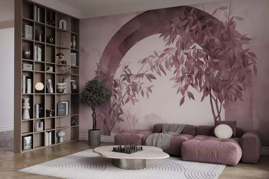 fototapeter En bue med et landskab, træer og løv i dæmpede rosa og grå nuancer, et kunstværk med struktur w09907v1