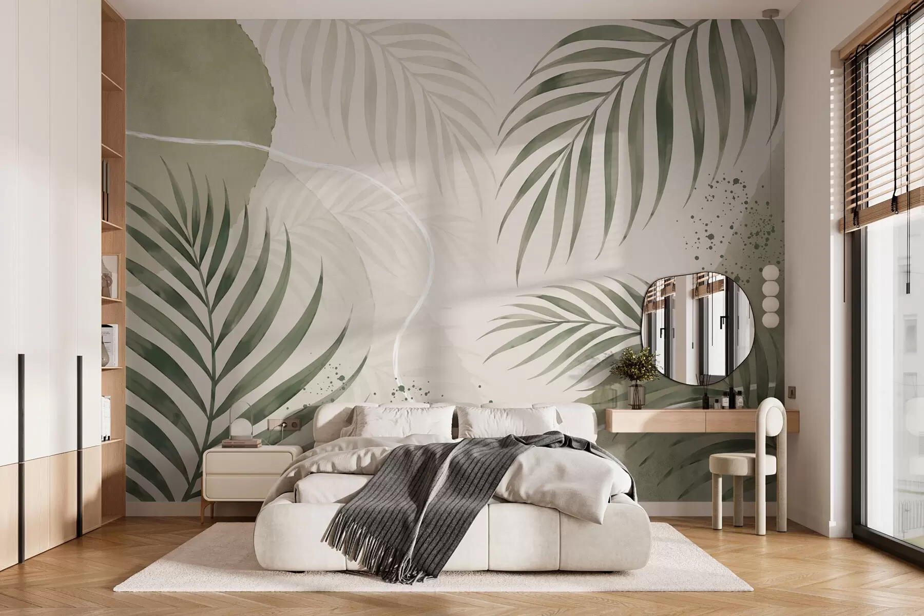 Murale Feuilles stylisées sur un fond neutre et doux w05728