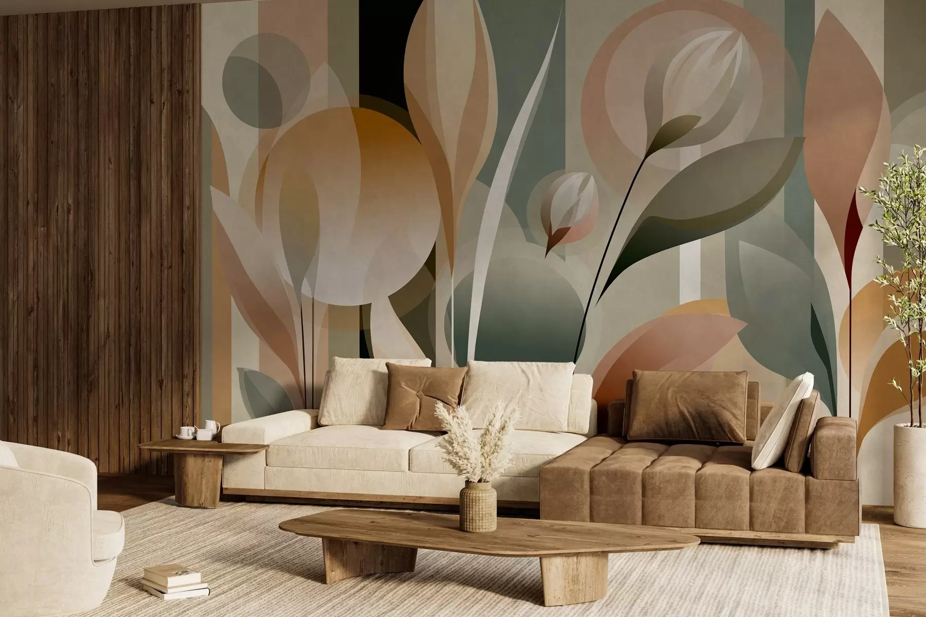 Murale une abstraction stylisée représentant des plantes aux couleurs naturelles w05750
