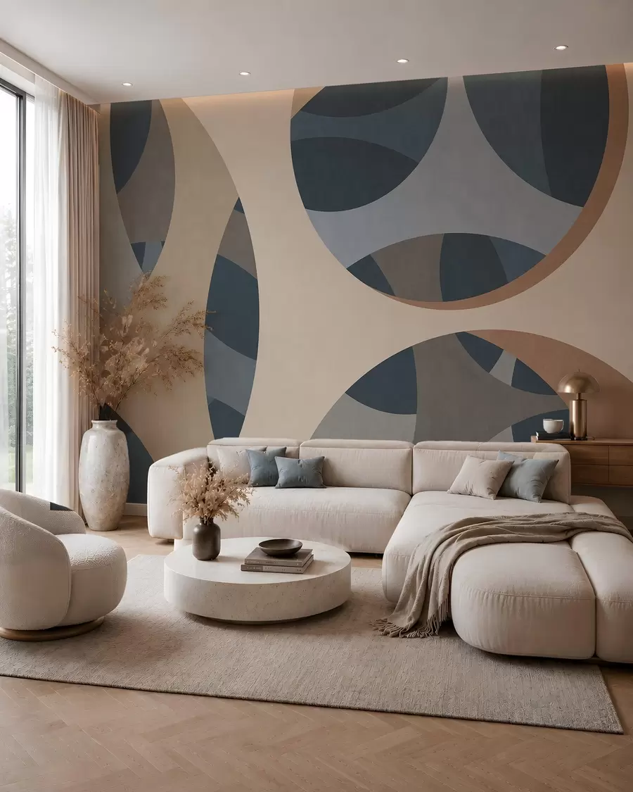 Murale abstraction texturale contemporaine dans des tons de bleu et de beige w05751