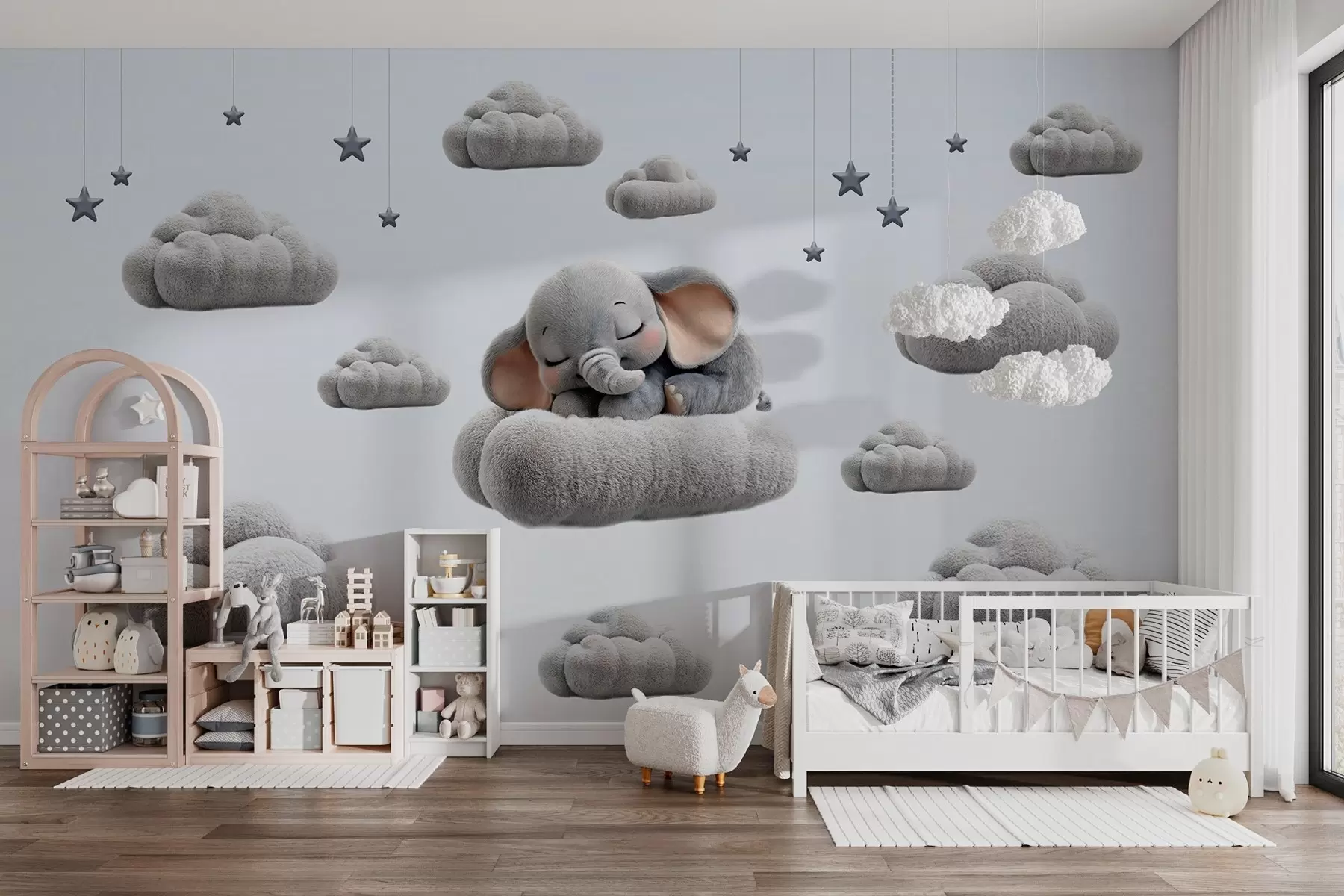 Murale un adorable petit éléphant en 3D, endormi au milieu de nuages duveteux w05754