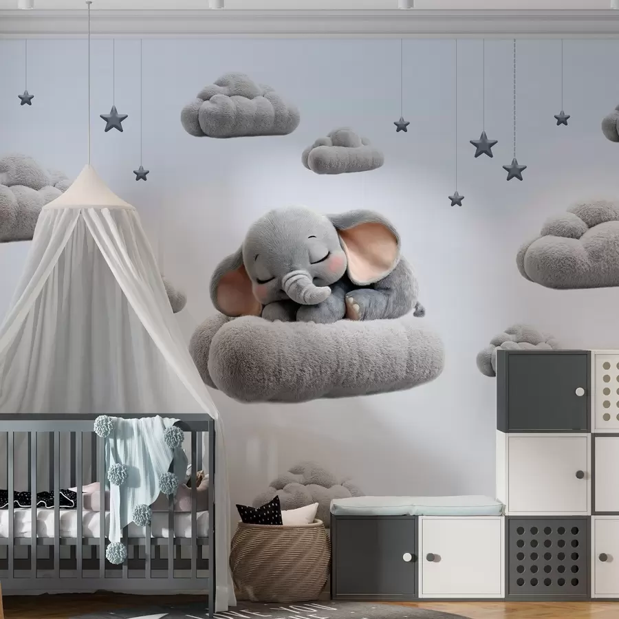 Murale un adorable petit éléphant en 3D, endormi au milieu de nuages duveteux w05754