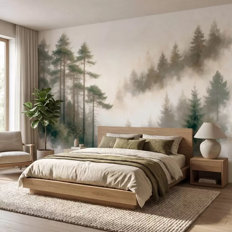 Murale Une pinède au petit matin, dans un style aquarelle w09916