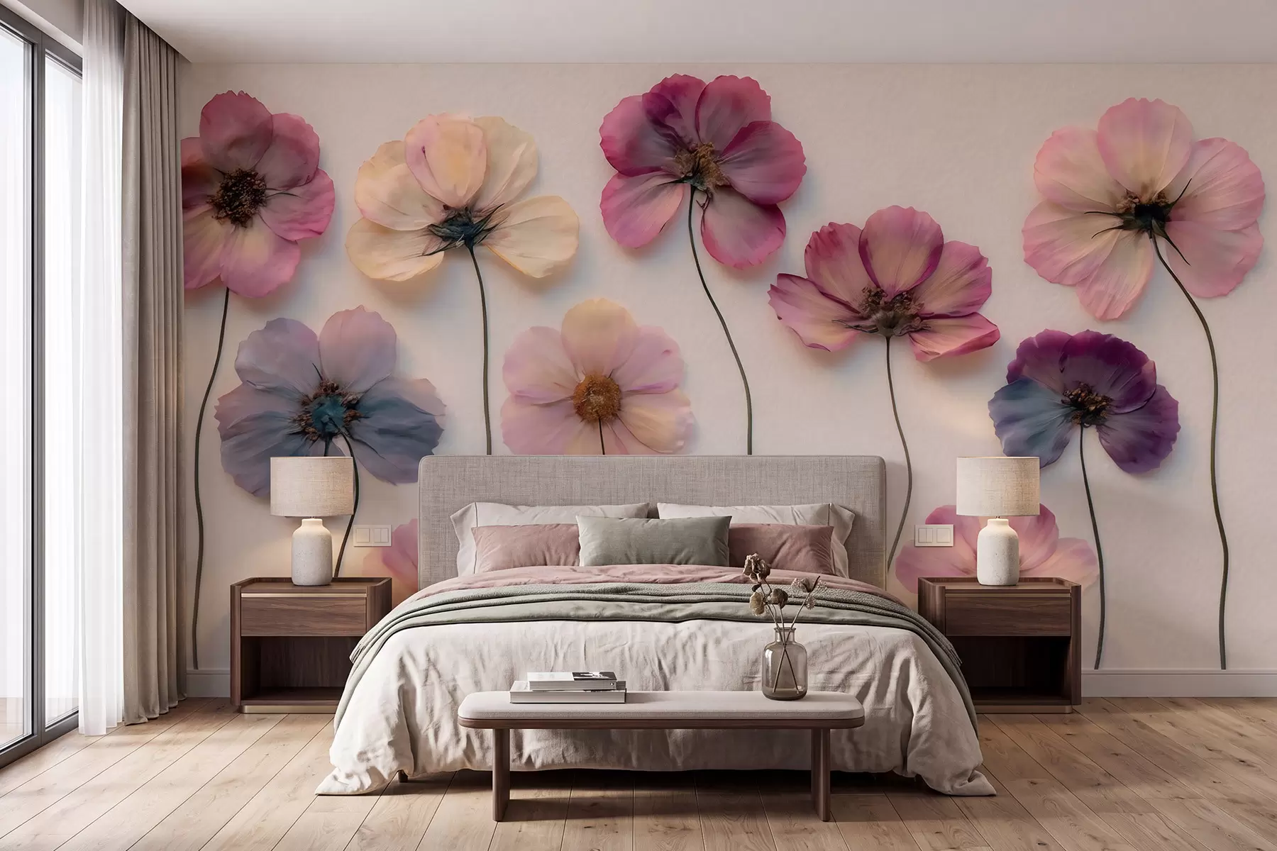 fototapeter Herbariumkomposition med effekt af pressede blomster og 3D-tekstur w09911