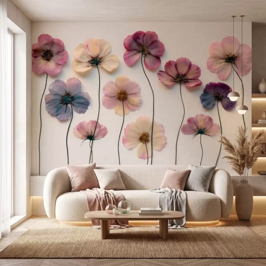 Murale Composition d'herbier avec effet de fleurs pressées et texture en 3D w09911