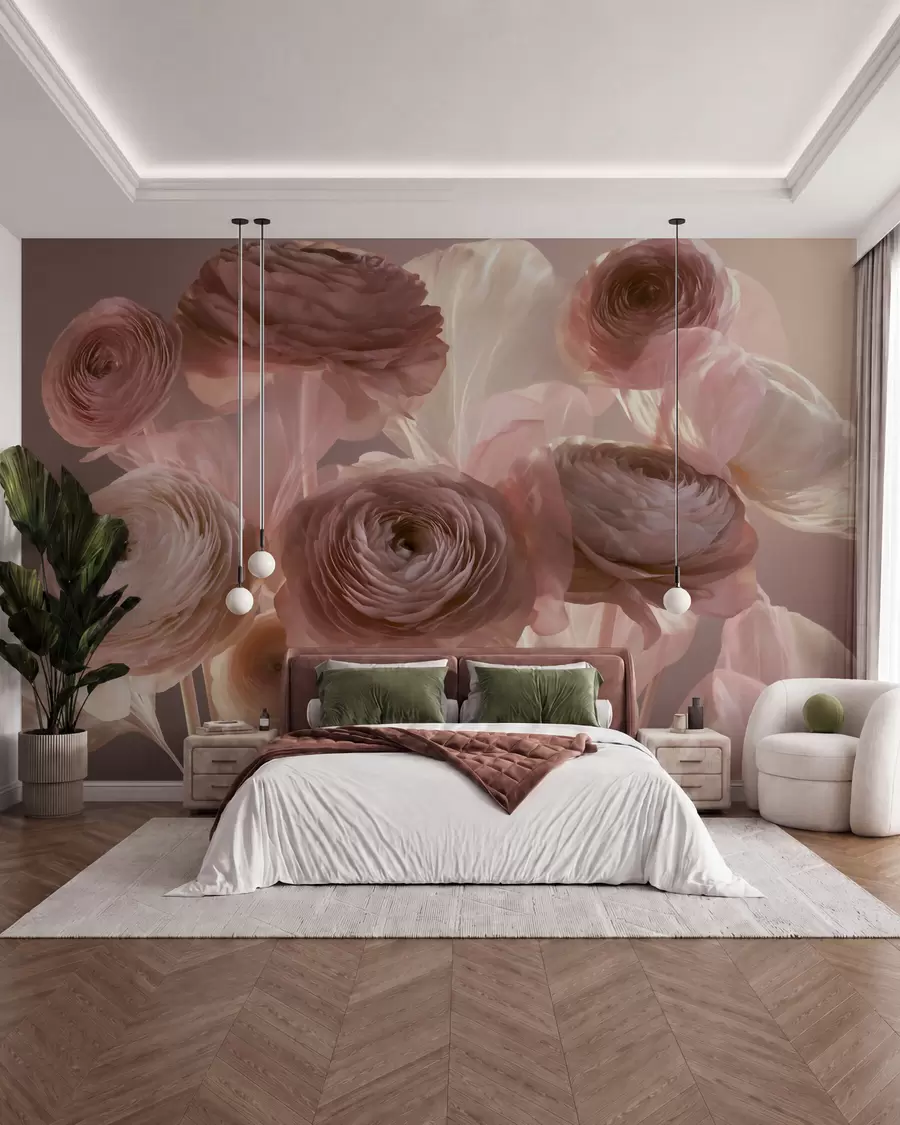 fototapeter Store, kunstneriske ranunkelblomster i bløde rosa og cremefarvede nuancer w09921