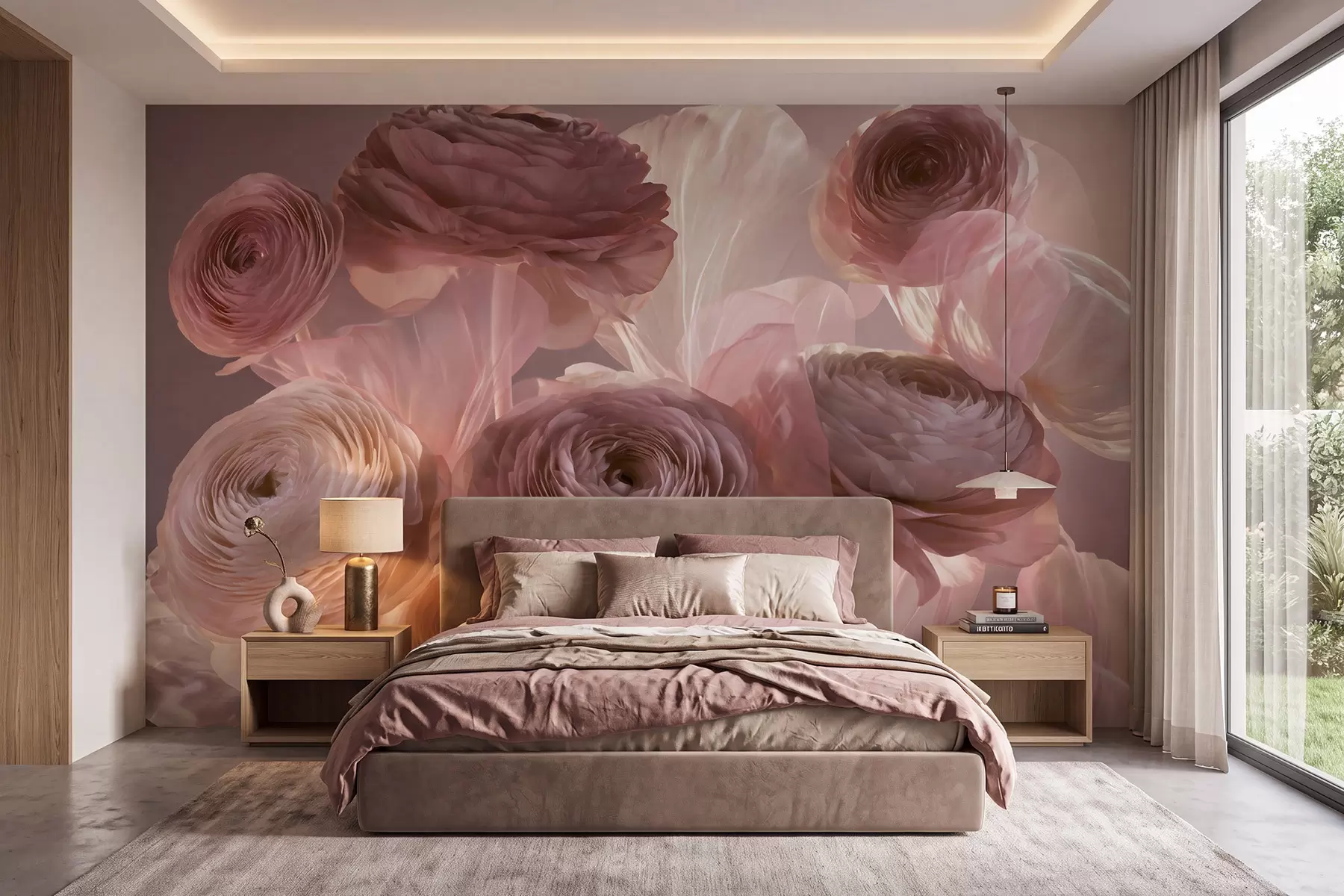 fototapeter Store, kunstneriske ranunkelblomster i bløde rosa og cremefarvede nuancer w09921