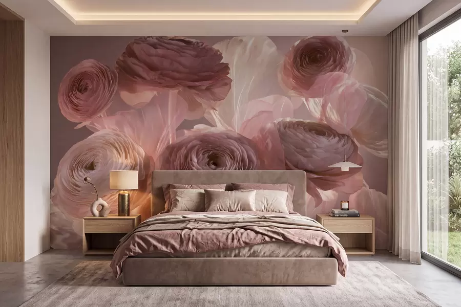 Fototapete Große, kunstvoll gestaltete Ranunkelblüten in zarten Rosa- und Cremetönen w09921