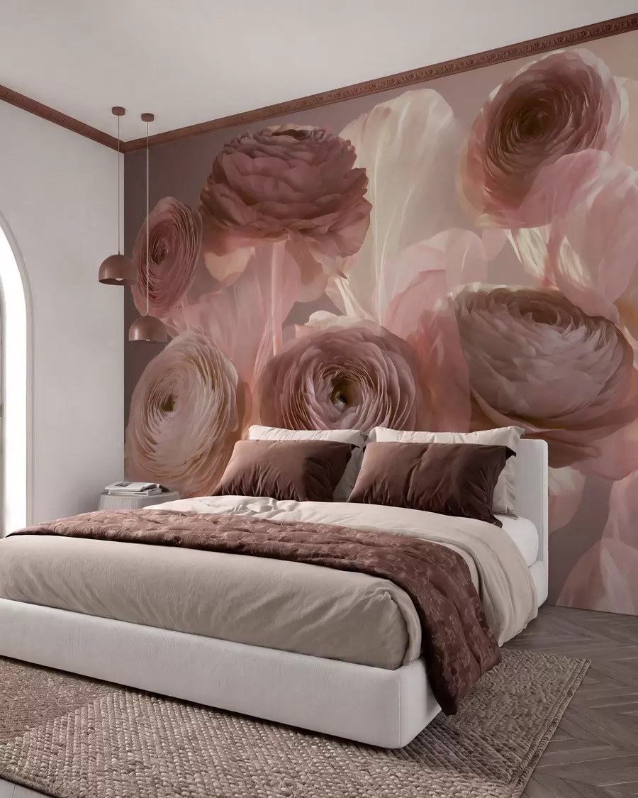 fototapeter Store, kunstneriske ranunkelblomster i bløde rosa og cremefarvede nuancer w09921