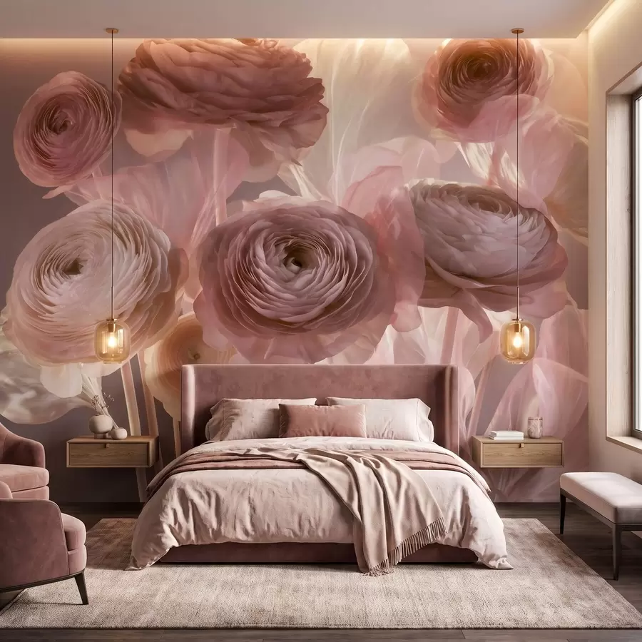 Murale Grandes fleurs de renoncule au style artistique, dans des tons de rose pâle et de crème w09921