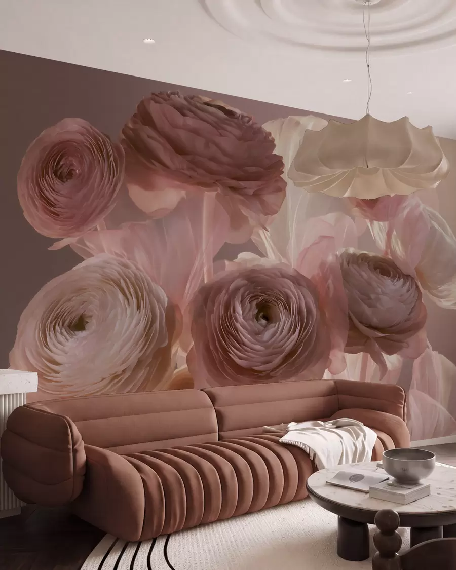 fototapeter Store, kunstneriske ranunkelblomster i bløde rosa og cremefarvede nuancer w09921