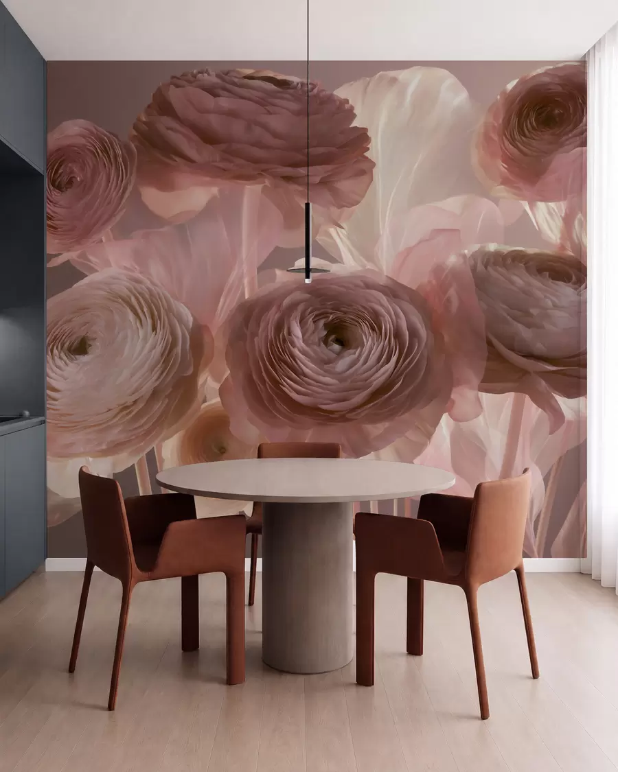 fototapeter Store, kunstneriske ranunkelblomster i bløde rosa og cremefarvede nuancer w09921