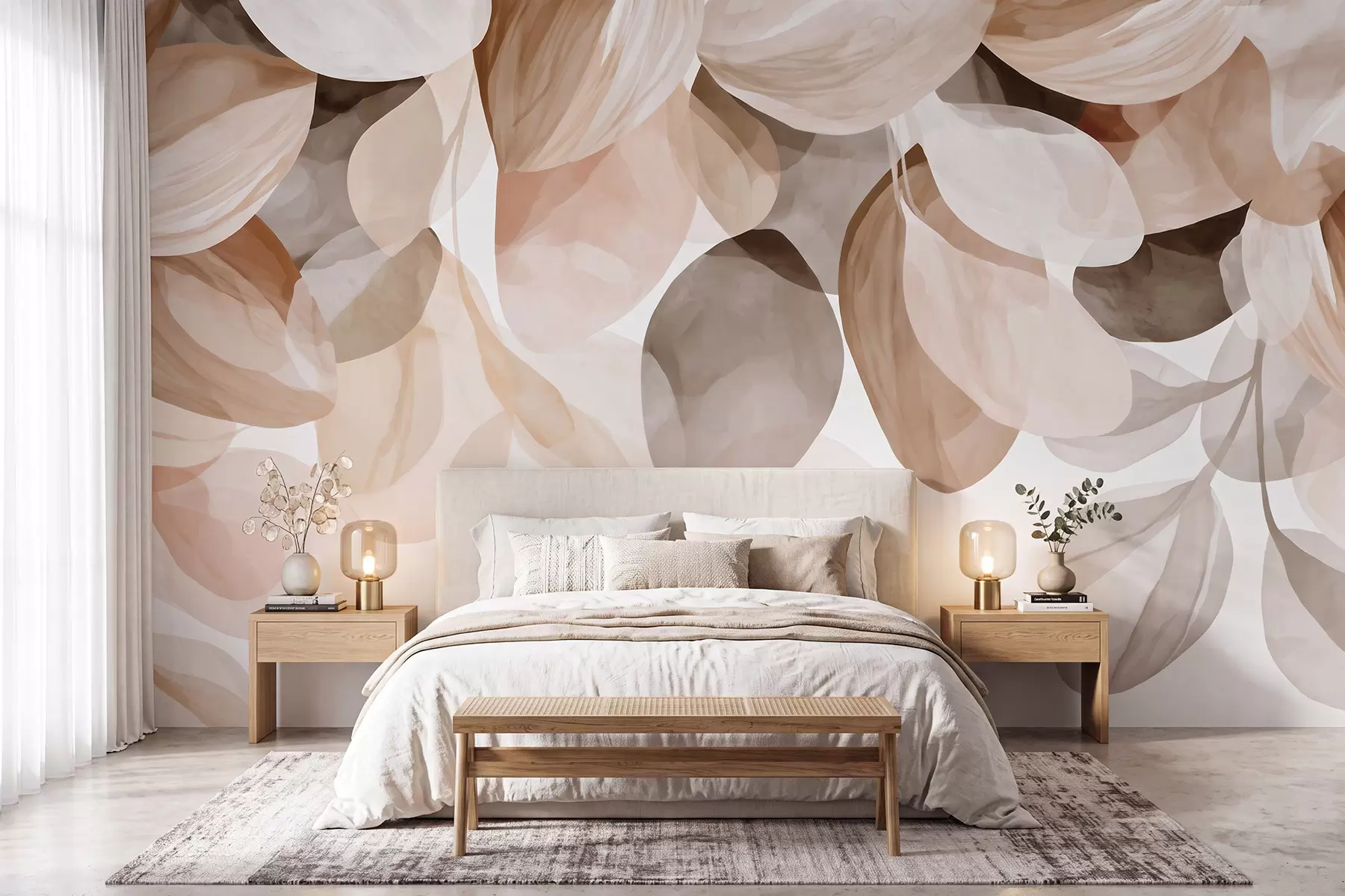 Murale Feuilles suspendues de couleur beige, style aquarelle w09923