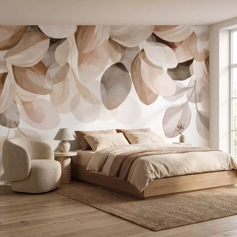 Murale Feuilles suspendues de couleur beige, style aquarelle w09923