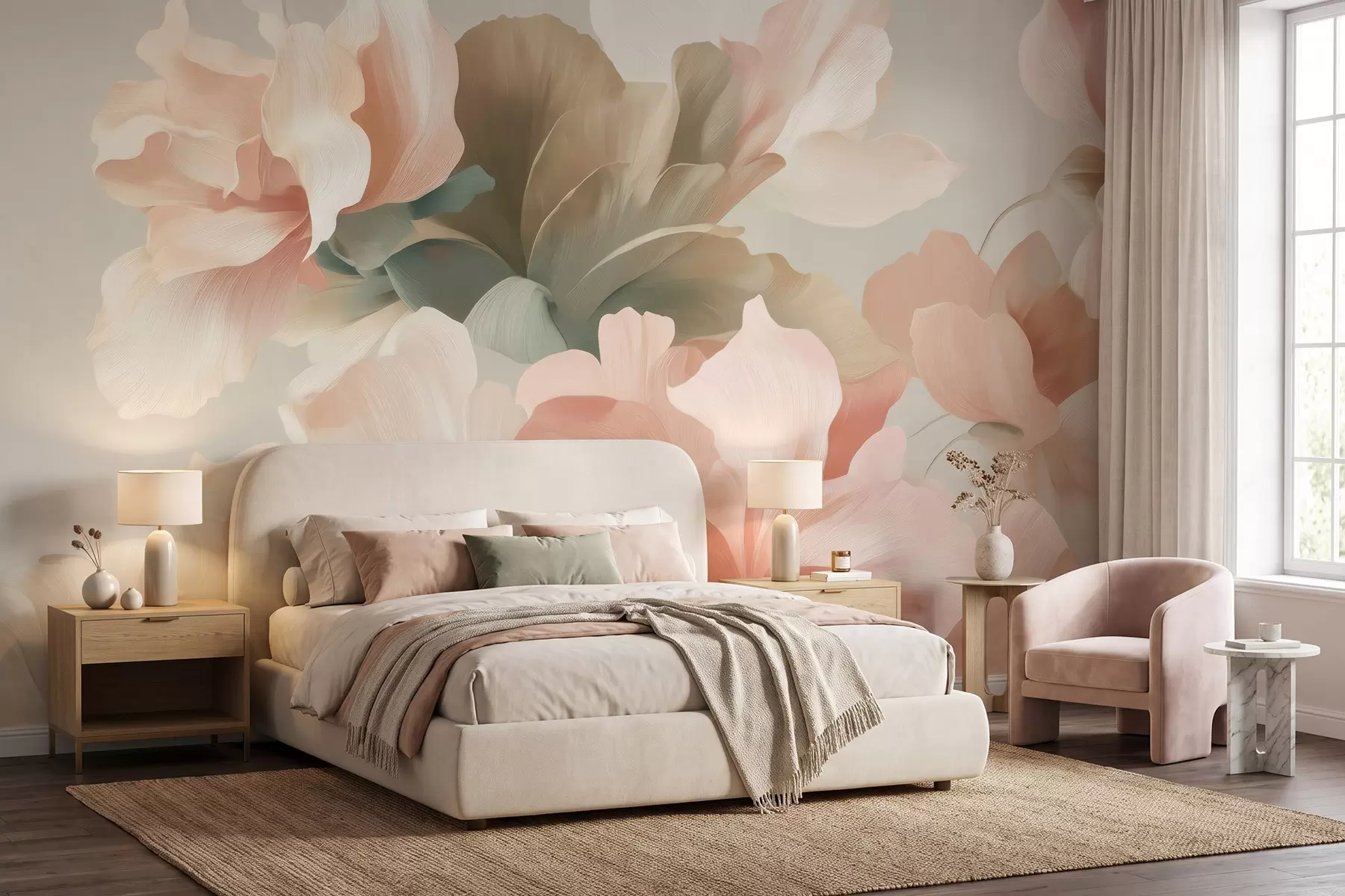 Murale De grandes fleurs stylisées dans des tons pastel délicats de crème, de rose et de vert w09935